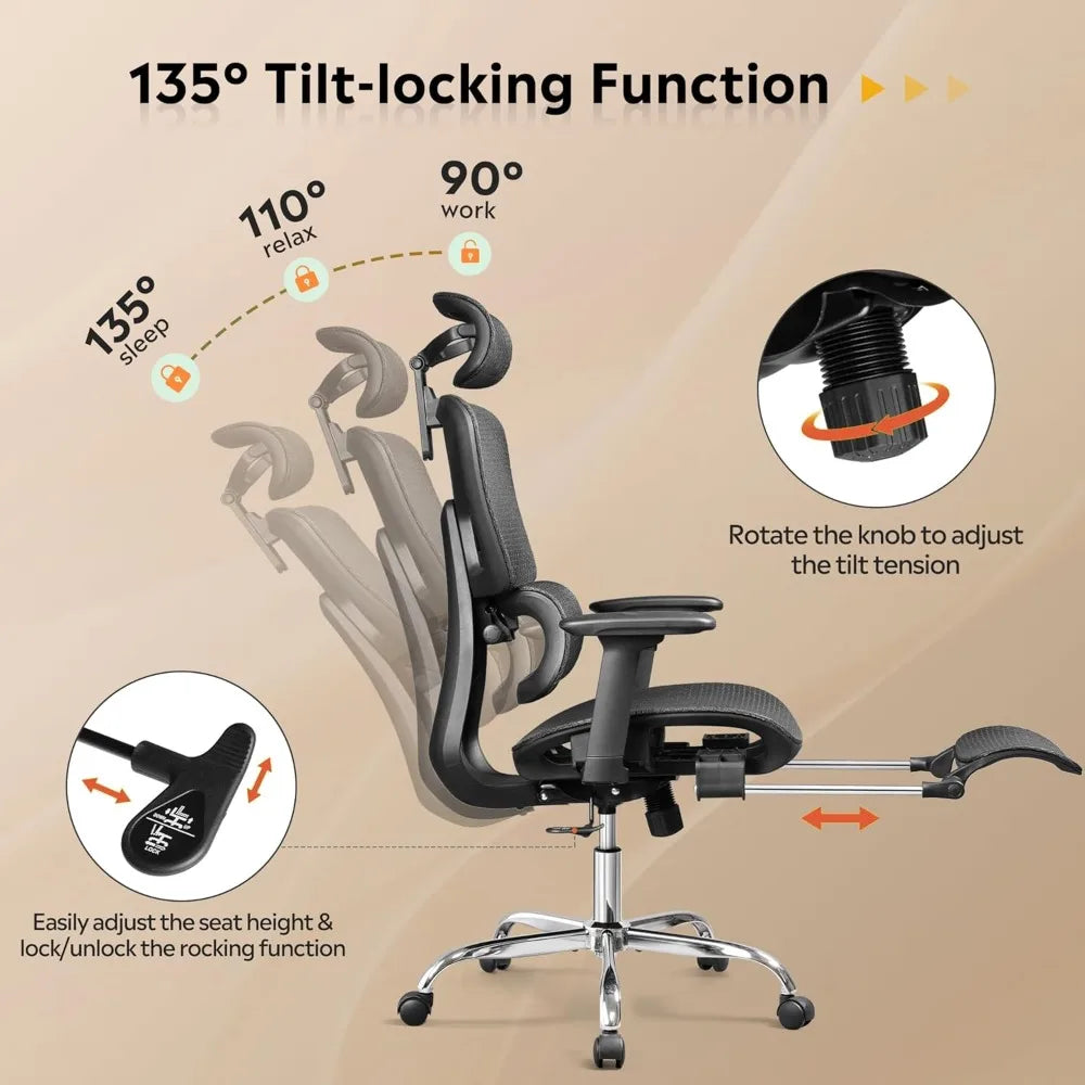 Ergonomic Mesh Office Desk Chair with Footrest - Heavy Duty High Back Reclining Swivel Home Computer Chair | Customized
